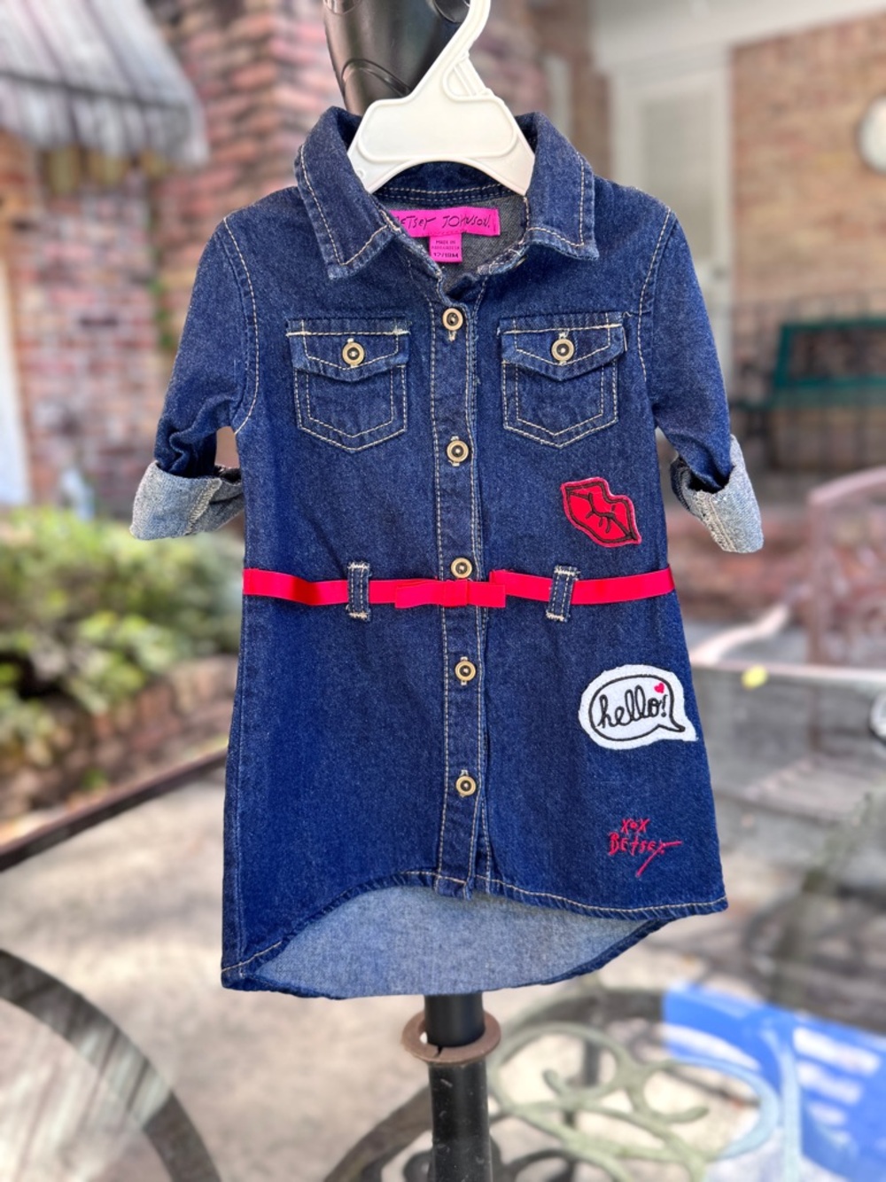 Betsey Johnson Denim Jean Dress w/Red satin ribbon 12/18M